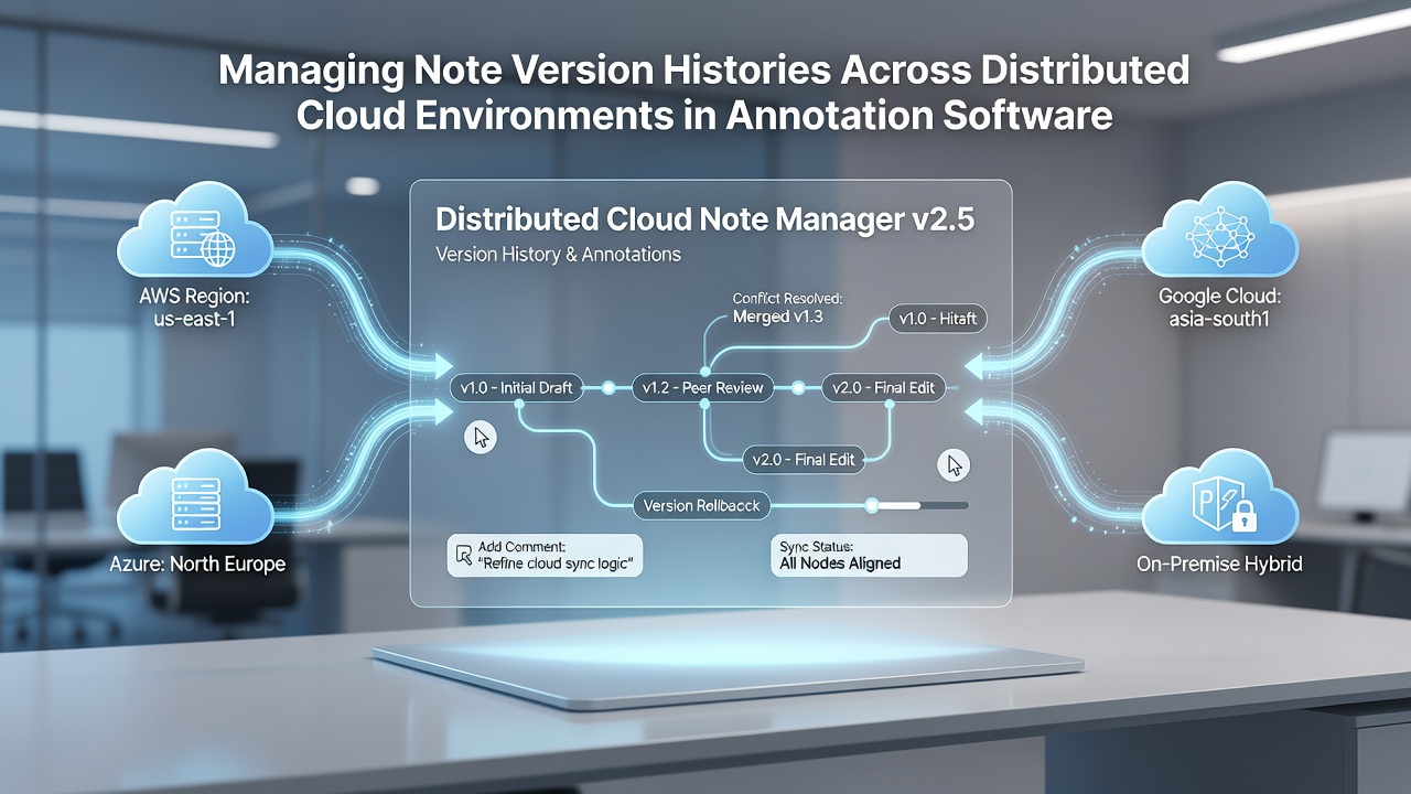Screenshot of version timeline interface displaying merged annotation histories from multiple cloud locations
